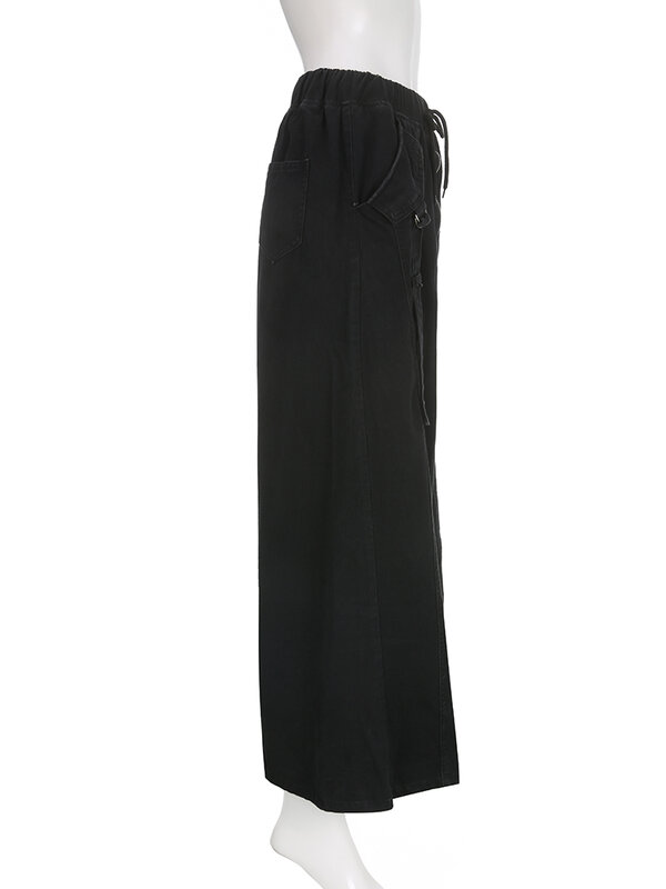 WeiYao Grunge โบว์สีดำสายรัดตะเข็บยาวกระโปรง Vintage ผู้หญิงความงามซิปเสื้อผ้าต่ำเอวกระเป๋า Denim กระโปรง