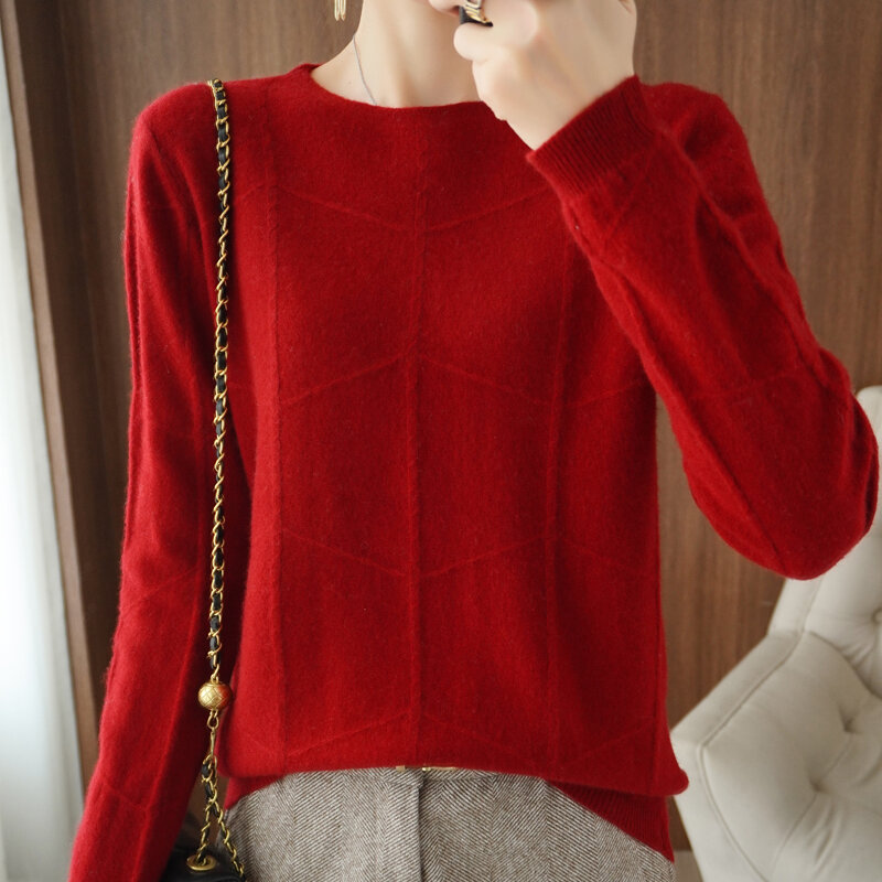 Sweter damski pulower z okrągłym dekoltem wełniana dzianina jesień zima 2022 wszechstronny rombowy jednolity kolor z długim rękawem luźny pokaz cienka podstawa