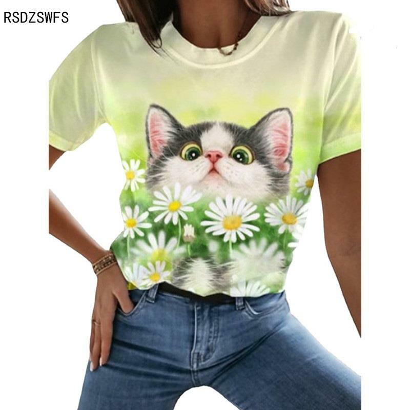 2022 verão novo rosa das mulheres topos kawaii bonito gatos amor topos harajuku manga curta streetwear casual feminino