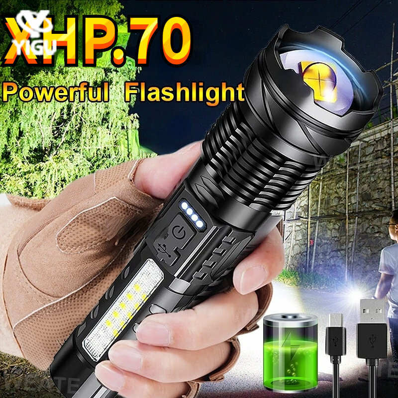 50000000 XHP70 Flashlights Tactical Light Emergency Spotlights Telescopic Jetbeam Light Outdoor Camping T6+Cob Light Flashlight