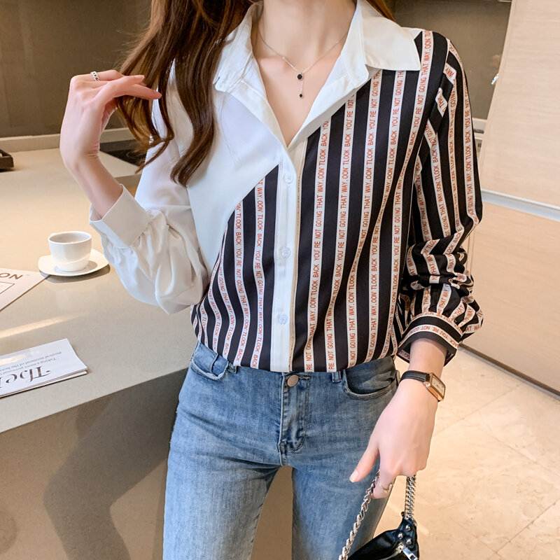 MQ167-Blusa de manga larga con rayas para Mujer, camisa con estampado, informal, a la moda, para otoño y primavera