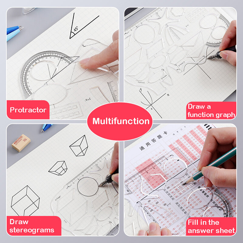 Transparent Soft Plastic Multifunctional Activity Drawing Geometric Ruler Triangle Ruler Compass Protractor Measuring Tool