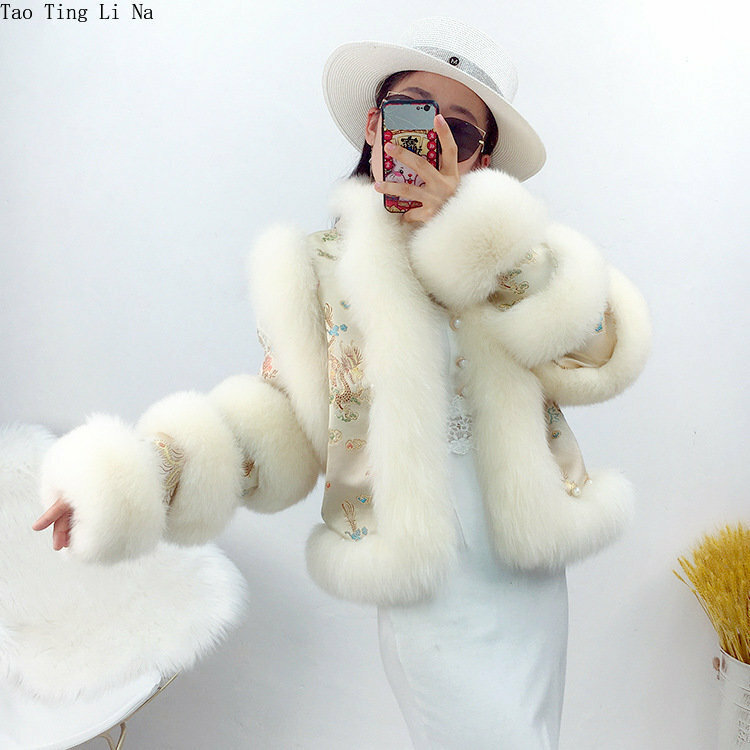 2023 Women New Genuine Fox Fur Coat Chinese Style Real Fox Fur Cloak Dragon Phoenix Chengxiang Tang Suit with Nail Beads H6