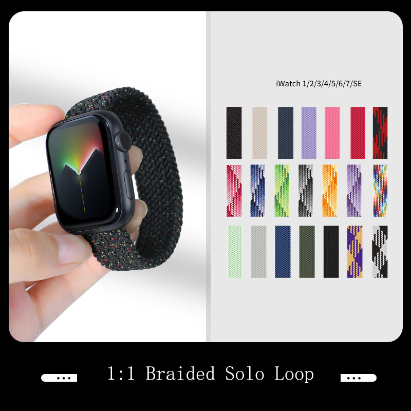 Ремешок solo для Apple watch 7 SE 6 5 4 3 2 band 45 41 44 40 42 38 мм, нейлоновый Плетеный Регулируемый эластичный браслет для iwatch correa, 1:1