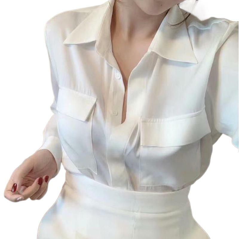 魅力的な女性の襟付きの白いサテンのシルクのTシャツ,滑らかなトップ,女性のための春のファッション,気質のブラウス