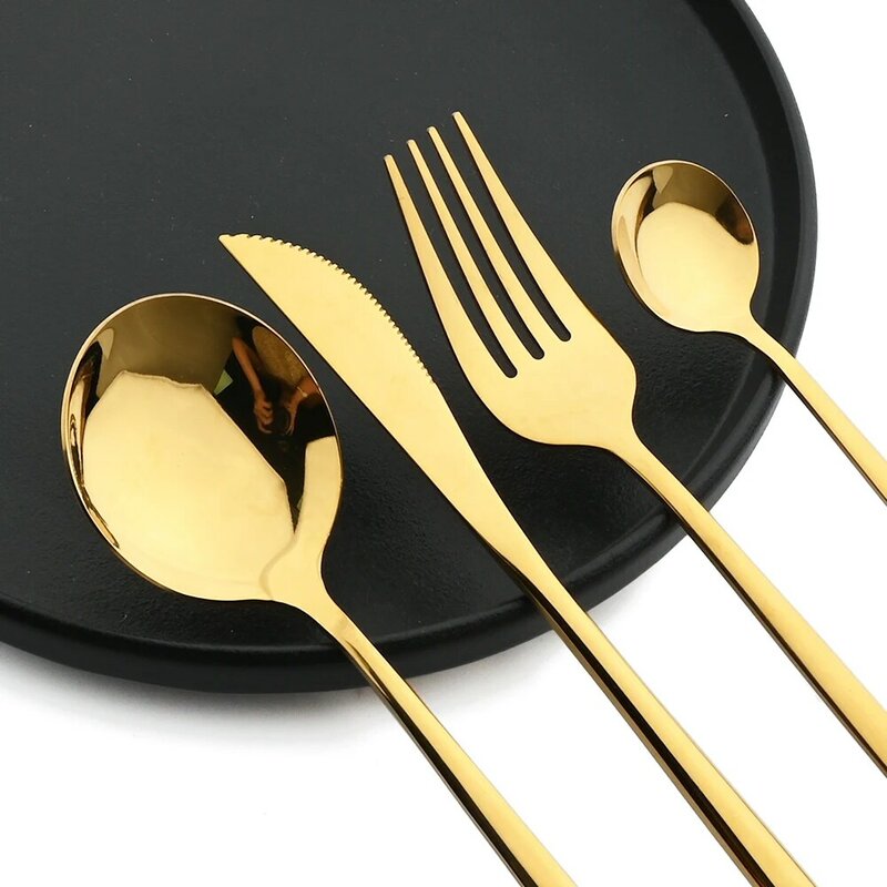 Juego de cubiertos dorados de acero inoxidable, cuchillo, tenedor, cuchara, PARA CENA y cocina, utensilios de postre, 36 piezas