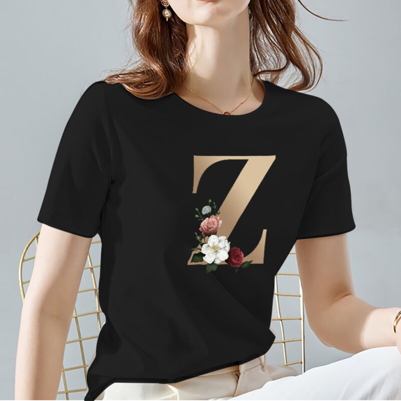 Женская Классическая футболка, черные Универсальные женские топы с круглым вырезом, модная футболка серии с цветочным принтом и буквами, же...
