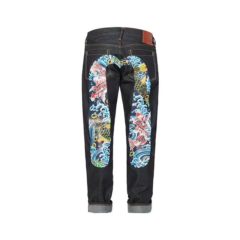Y2k-pantalones vaqueros informales Retro para hombre, Vaqueros sueltos rectos con estampado japonés Koi Big M, ropa de diario