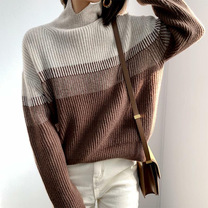 Kontrastowy sweter na szyję damski 2022 jesienno-zimowy nowy gradientowy sweter na dole koszula luźny dzianinowy sweter sweter