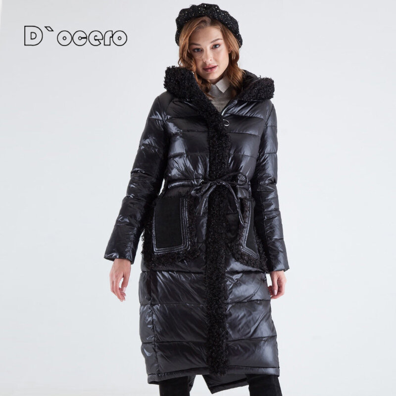 D`OCERO 2021 New Winter Jacket Women Faux Fur Parkas Female Long Quilted Coat With Belt Thick Cotton Hooded Fashion Outerwear