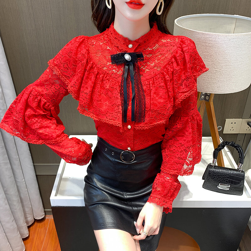 2022 New Spring Sweet Ruffles Lace Blouse Women's Stand Collar Long Sleeve Elegant Bow Vintage Fashion Office OL Casual Shirt