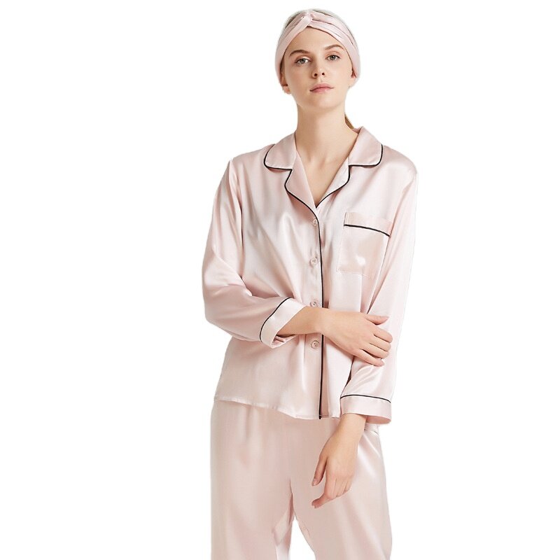 Alta qualidade comprimento total botão estilo feminino 100% pijama de seda amoreira
