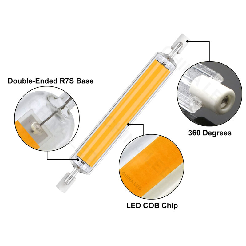 Tubo de vidrio LED R7s COB de alta potencia, 78mm, 118mm, J78 J118, Bombilla COB, AC110V, 120V, 130V, 220V, 230V, 240V, lámpara halógena de repuesto para el hogar