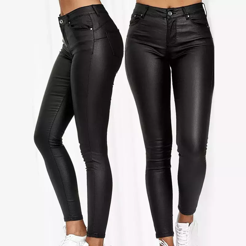 Primavera feminina calças de couro do plutônio preto sexy estiramento bodycon calças femininas de cintura alta longa casual lápis calças plus size S-3XL