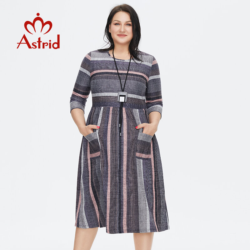 Gaun Wanita Astrid 2022 untuk Wanita Gaun A-line Gambar Cetak Bergaris Fashion Ukuran Plus Kasual Abu-abu Panjang Beludru dengan Kalung Saku