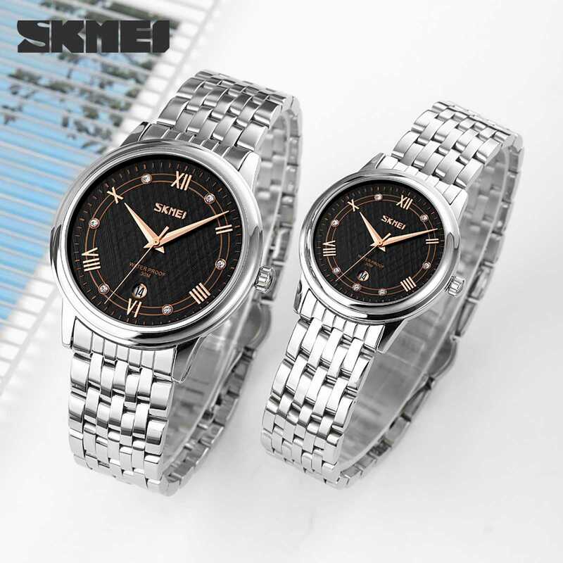 Top marka SKMEI kupon zegarki moda stalowa sukienka zegarek dla kobiet Man wyświetlanie kalendarza zegarek kwarcowy oryginalny zegar prezent