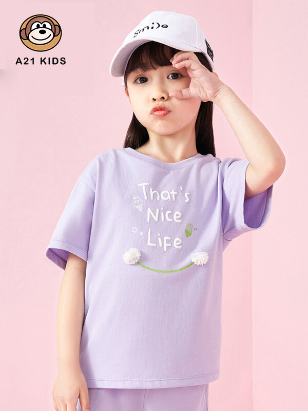 A21 Girl Casual Smile Printing Cotton T-shirts for Summer 2022 Fashion Kids Clothes 3-12y Children Soft O-neck Short Sleeve Tees