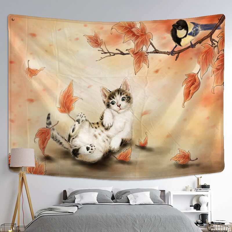 Cartoon Cute Cat Tapestry Maple Leaves Wall Hanging For Children\'s ...