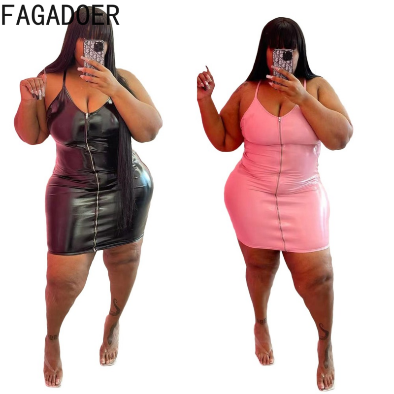 FAGADOER Black PU Mini Bodycon Dresses Women Plus Size Clothing XL-5XL Female Sexy Slim Sleeveless Nigthclub Party Vestidos 2022