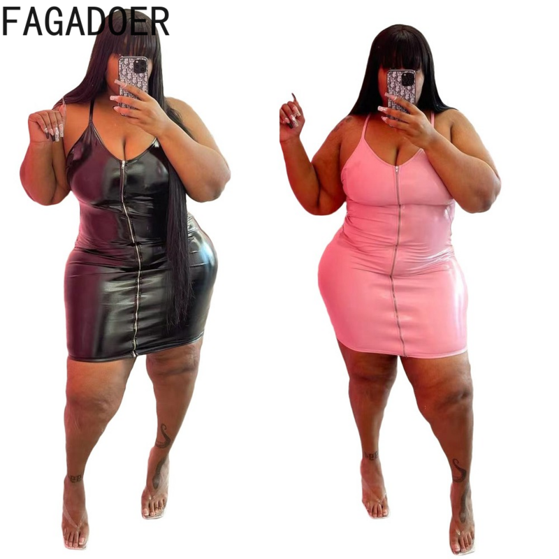 FAGADOER 블랙 PU 미니 Bodycon 드레스 여성 플러스 사이즈 의류 XL-5XL 여성 섹시 슬림 민소매 Nigthclub 파티 Vestidos 2022