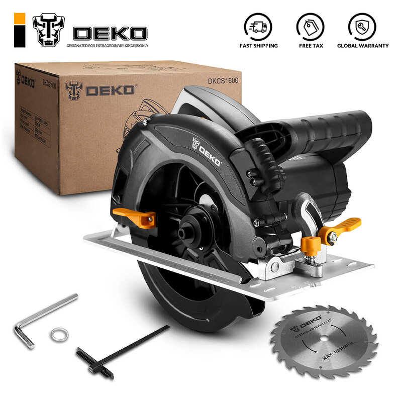 DEKO-Scie circulaire portable DKCS1600, angle de coupe réglable de 5000 tr/min, avec lame de calcul, scies électriques de travail, sortie d'usine