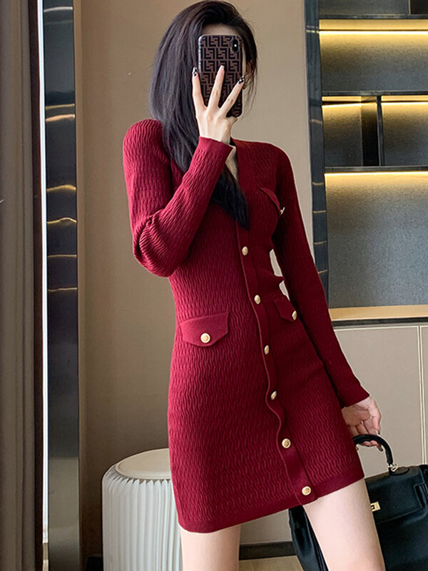 Женское трикотажное платье-карандаш, элегантное Красное Облегающее Платье с V-образным вырезом и длинными рукавами в Корейском стиле, осень 2023