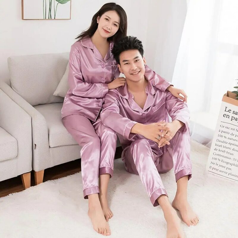 Pijamas de seda pijamas pijamas tops manga longa moda sólida cor de duas peças calças masculinas terno casal homewear conjunto cetim terno longo