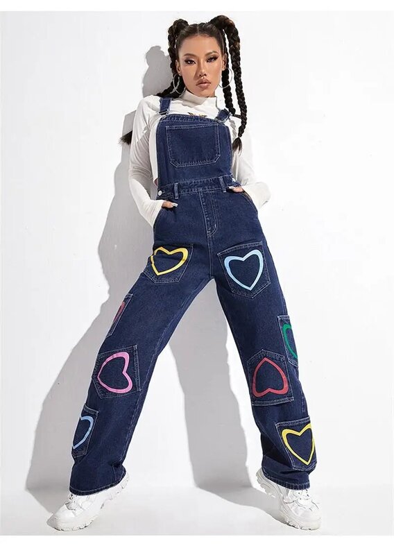 Women's 2022 spring and autumn new hot selling street INS peach heart print multi-pocket denim overalls straight overalls jeans
