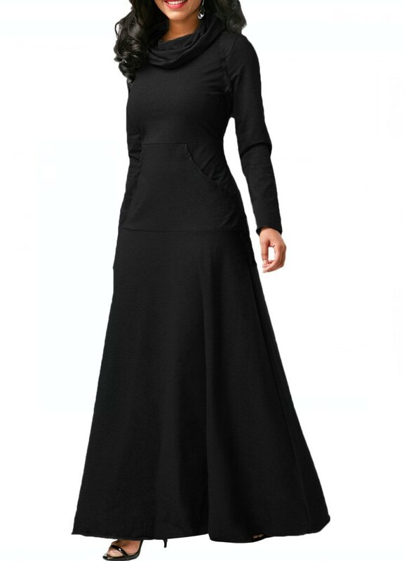2022 New Elegant Long Maxi Dress Autumn Winter Warm High Collar Women Long-sleeved Dress  Woman Clothing With Pocket