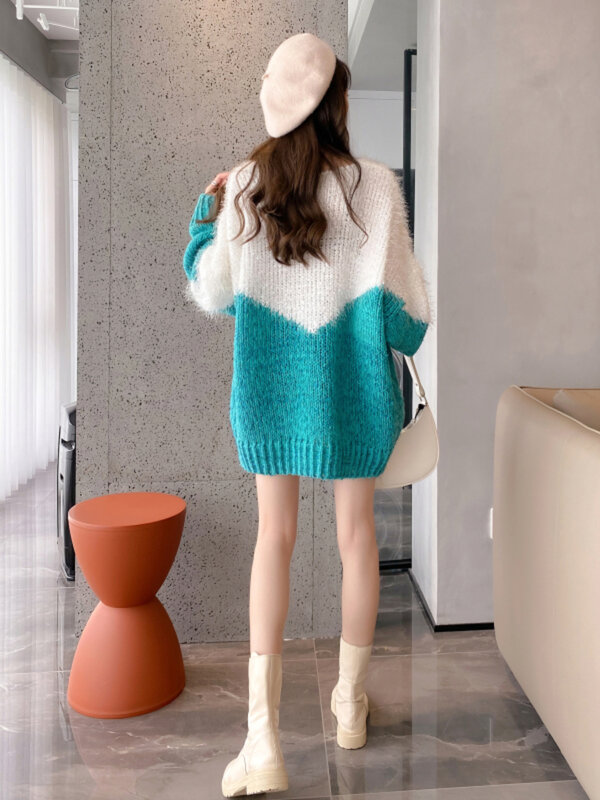 Sweter Pullover Lengan Panjang Wanita Musim Gugur dan Musim Dingin Gaya Korea Baru Longgar Pertengahan Panjang Pola Kucing Payet Ikatan Simpul Rajutan
