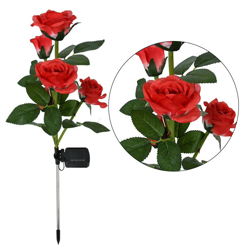 5หัวประดิษฐ์ Rose ดอกไม้ไฟ LED พลังงานแสงอาทิตย์กันน้ำกลางแจ้งสวนลานบ้านตกแต่ง Rose Light