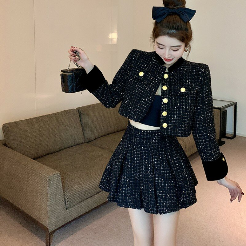 Moda coreana duas peças conjunto temperamento vintage pequena fragrância feminina xadrez tweed jaqueta curta + plissado mini saia ternos feminino
