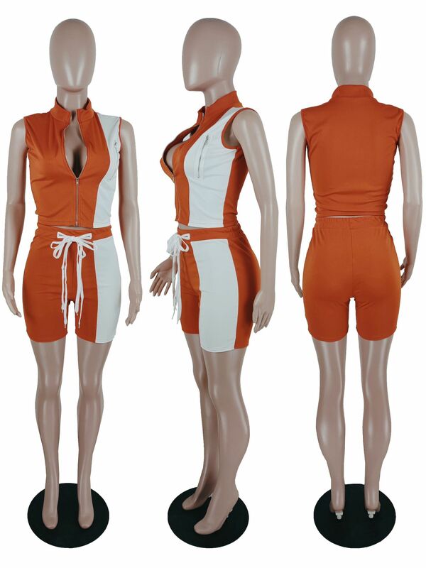 Clolor-패치 워크 스트리트웨어 민소매 셔츠 + 바지 운동복 여성용 의류, 캐주얼 여성 운동복 투피스 세트