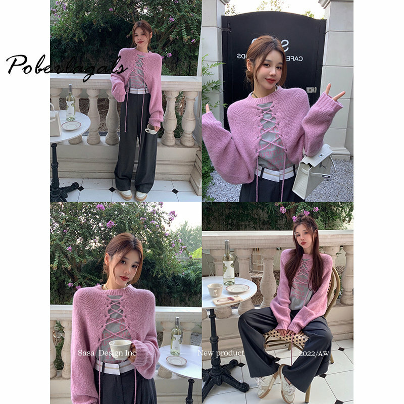 Vintage Lace Up Loose Casual Long-sleeved pink Sweater + t-shirt 2 pieces sets Women 2023 Autumn Knitted Crop Tops