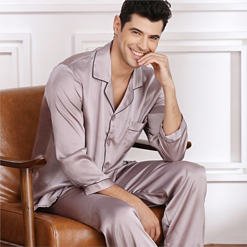 100% pijamas de seda real para homem conjunto de pijamas loungewear manga longa pijamas sexy roupa interior