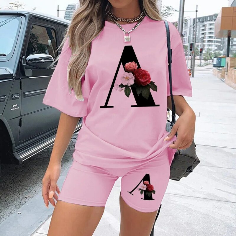 2021 new Women Two Piec Set Letter T Shirts And Shorts Set Summer Short Sleeve O-neck Casual Joggers Biker Shorts