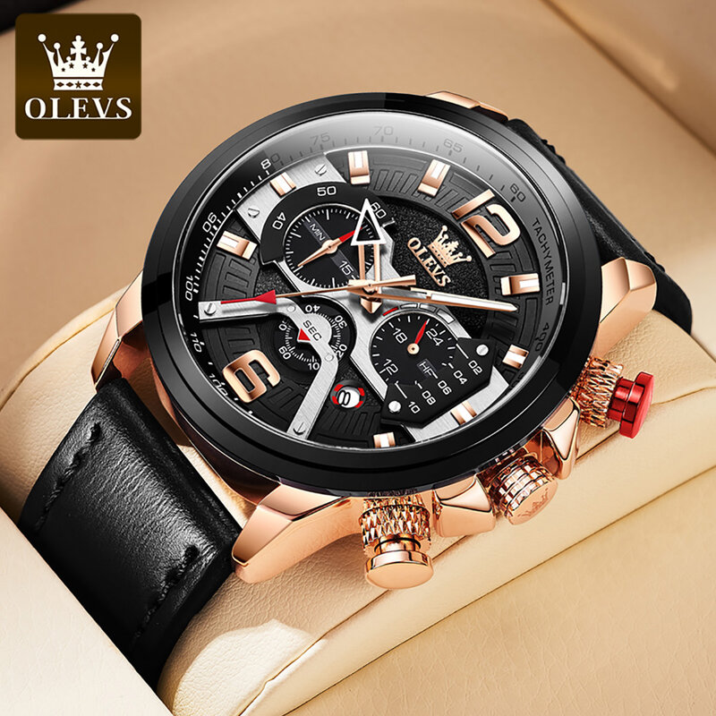 OLEVS pasek ze skóry naturalnej zegarki wodoodporne dla mężczyzn wielofunkcyjne duże pokrętło gorącym stylu mody kwarcowe męskie zegarki na rękę