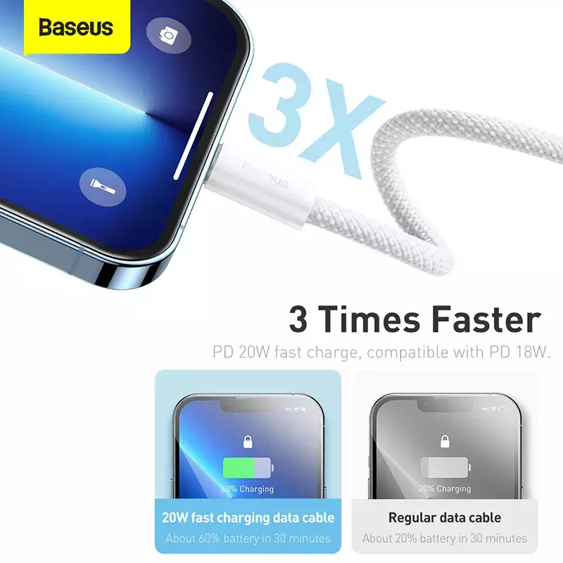 Baseus 20W PD Fast สำหรับ iPhone 13 12 11 Pro Xs Max XR USB Type C สายเคเบิ้ลสำหรับ iPad ข้อมูลสายไฟสายไฟ