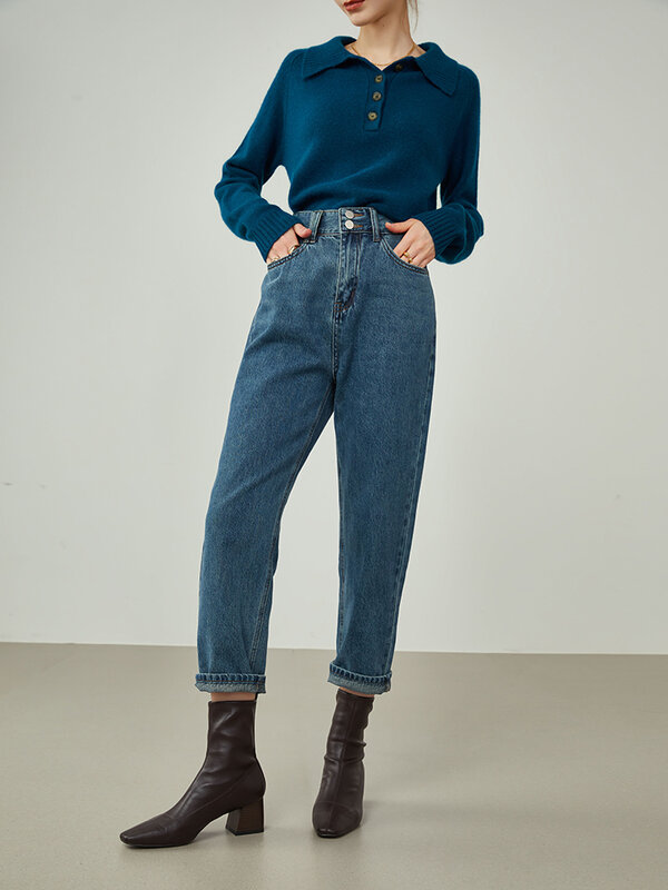 FANSILANEN damskie jeansowe niebieskie dżinsy bawełniane proste nogawki wysokiej talii z guzikami po obu stronach dżinsy zimowe luźne składane spodnie papierosowe