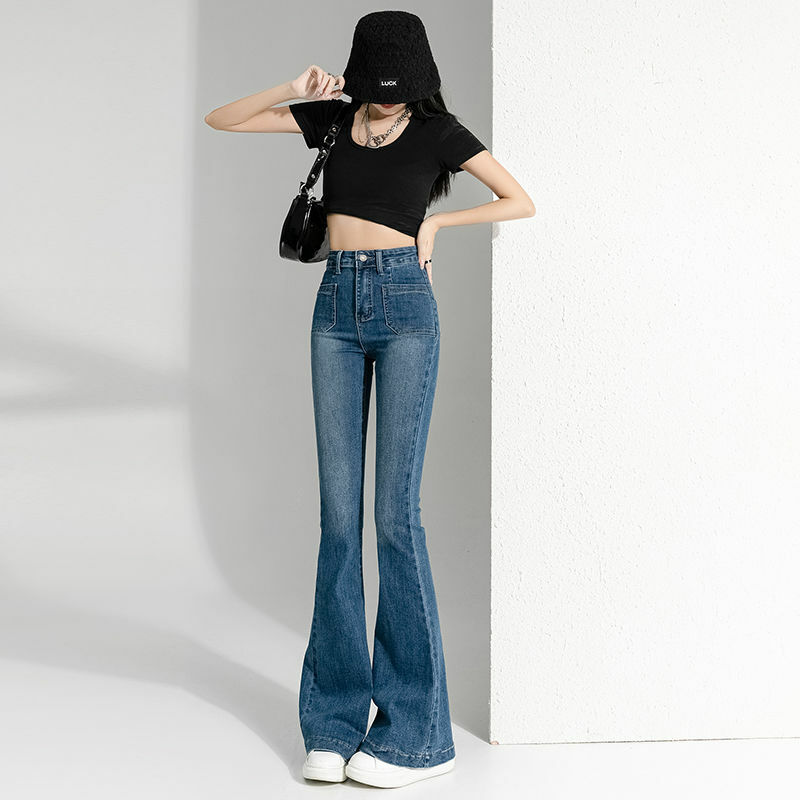 2022 Jeans Terkembang Pinggang Tinggi Vintage Baru Celana Denim Pas Badan Jalan Tinggi Solid Wanita Celana Denim Suar Elastis Kasual