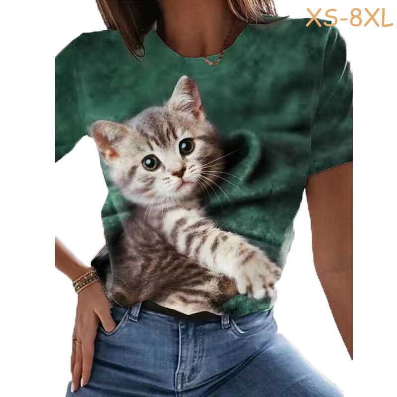 2023 موضة الملابس النسائية XS-8XL شخصية القط الطباعة قميص فضفاض عادية قصيرة الأكمام مستديرة الرقبة تي شيرت كامل المباراة