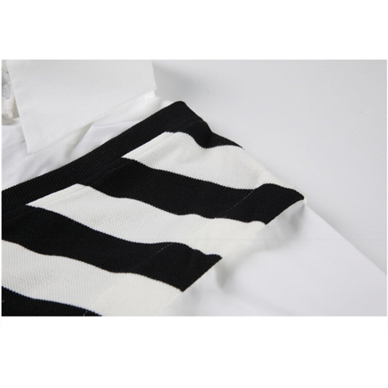 Maglia a righe lavorata a maglia cuciture camicie bianche primavera donna nuovo stile Hong Kong Design retrò sciolto falso due camicetta a maniche lunghe