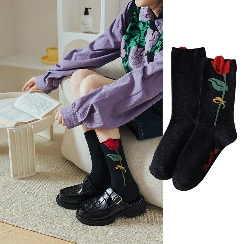 Socks female mid-thigh high-top socks Japanese floral plaid stripes retro literature Mori Department fall and winter cottonsocks