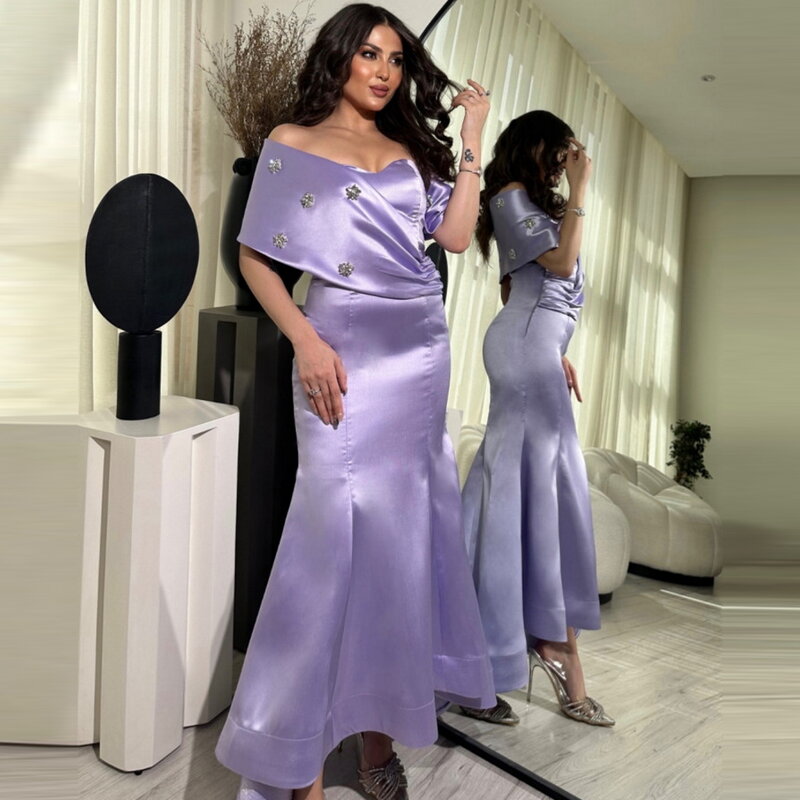Other Shore Purple Satin Ankle Length Evening Dresses Off The Shoulder Mermaid Party Prom Dresses 2023 Saudi Arabia فساتين السهر