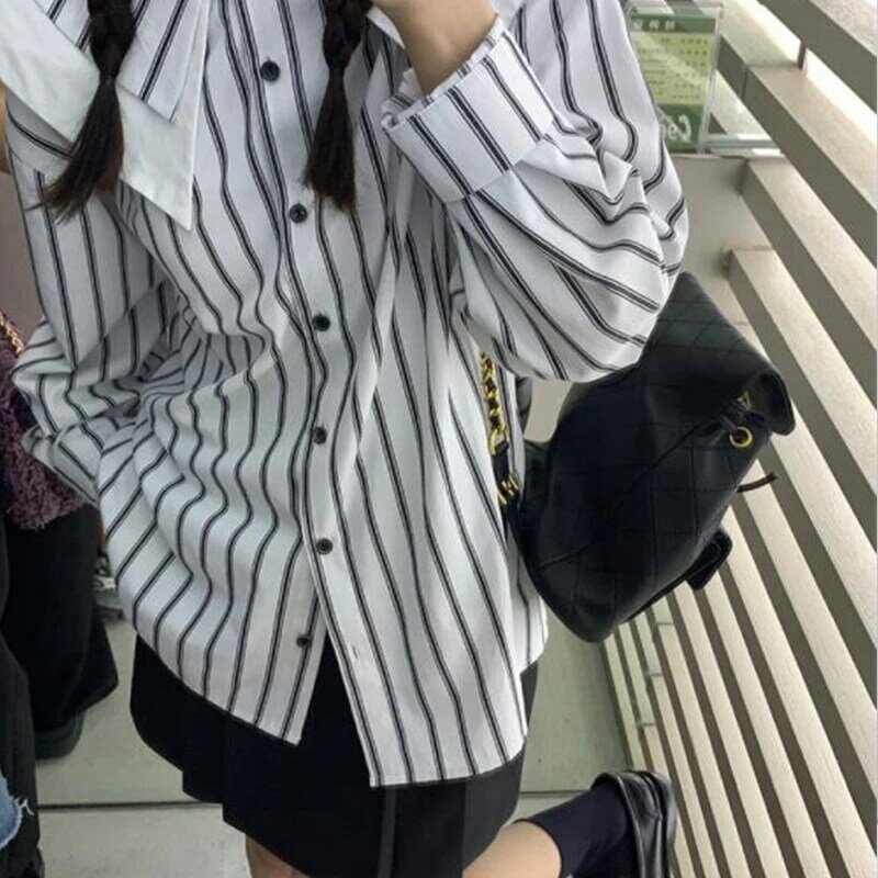 Vintage Striped Double Layer Lapel Long Sleeve Shirt Women's Spring Autumn New Loose Casual Single Breasted Lady Blouses