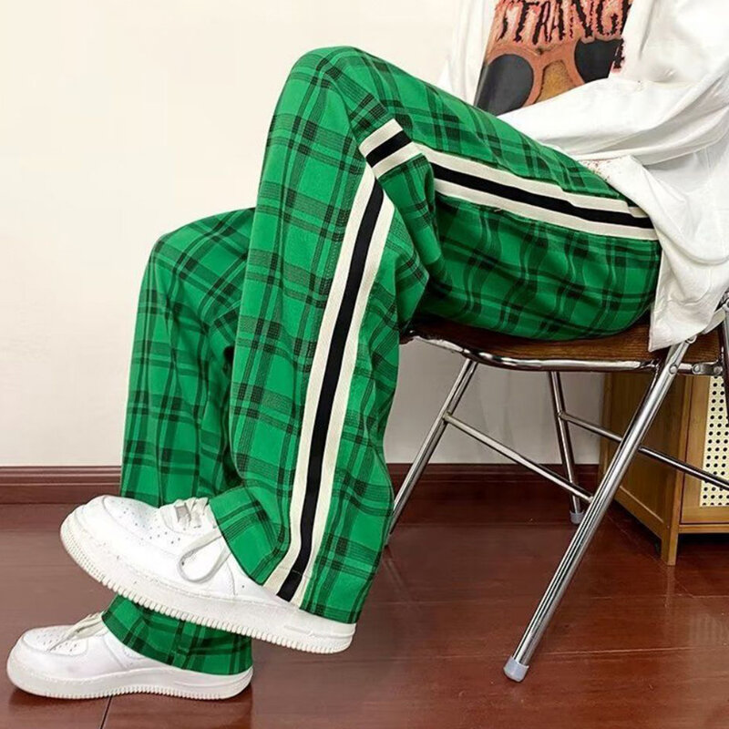 Calças esportivas de rua soltas hip-hop calças de perna larga em linha reta preto e branco calças xadrez lazer calças de jogging fino
