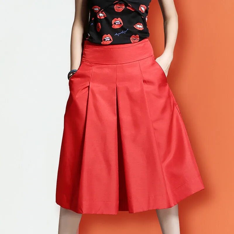 Pantalones de pierna ancha para mujer, ropa holgada de cintura alta, drapeada que combina con todo, de siete puntos, color rojo, blanco y negro, 2022