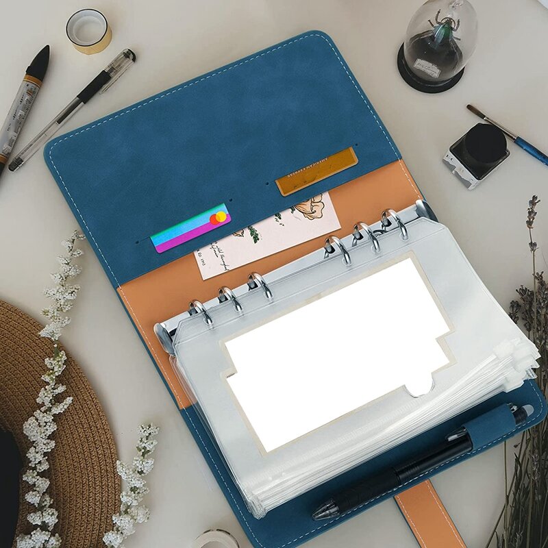 Cuaderno de carpeta A6, cubierta de carpeta de cuero PU con 6 agujeros, 12 bolsillos de carpeta A6 de PVC, planificador de presupuesto