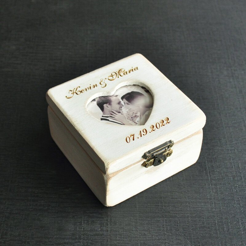Custom Wedding Rings Box with Photo Wedding Rings Holder Engraved Vintage Wooden Ring Bearer Engagement Ring Pillow Memory Gift