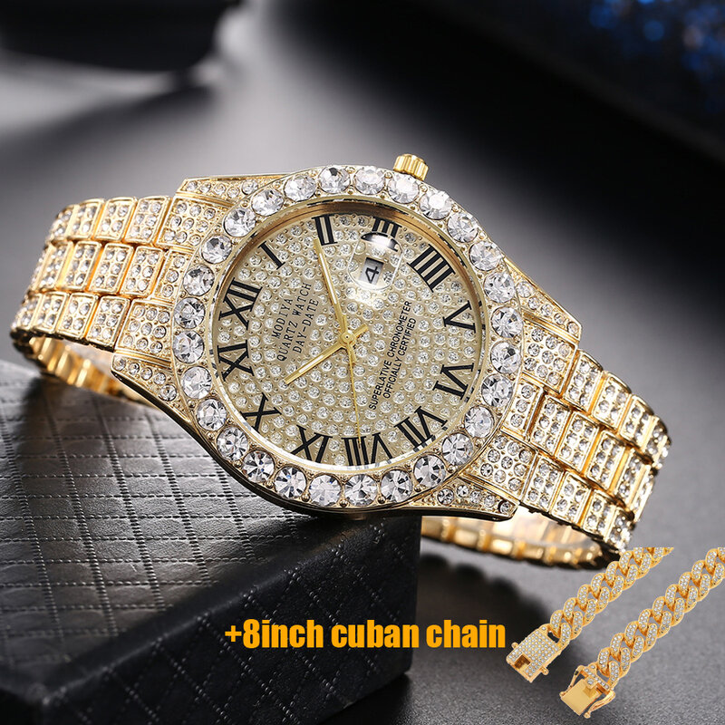 Montre glacé pour hommes, ensemble de bracelets en chaîne cubaine, Miami, Hip Hop, à Quartz, plein de diamants, or, 8 pouces
